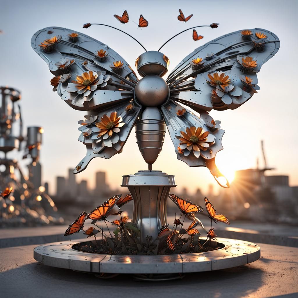 Rustic Metal Flower Statue Amidst Buzzing Mech Bees at Sunse...