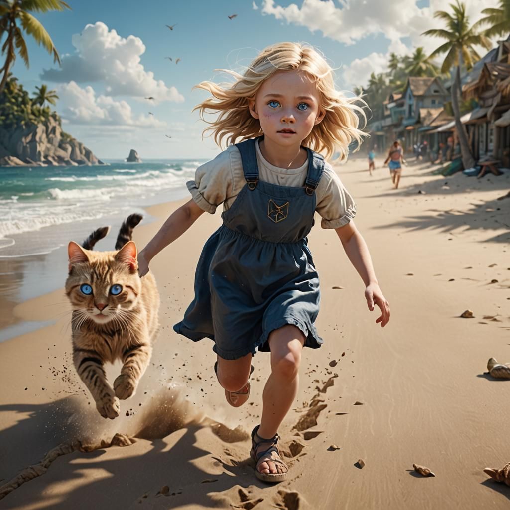 Girl and Cat Chase on Beach: Fantasy Art