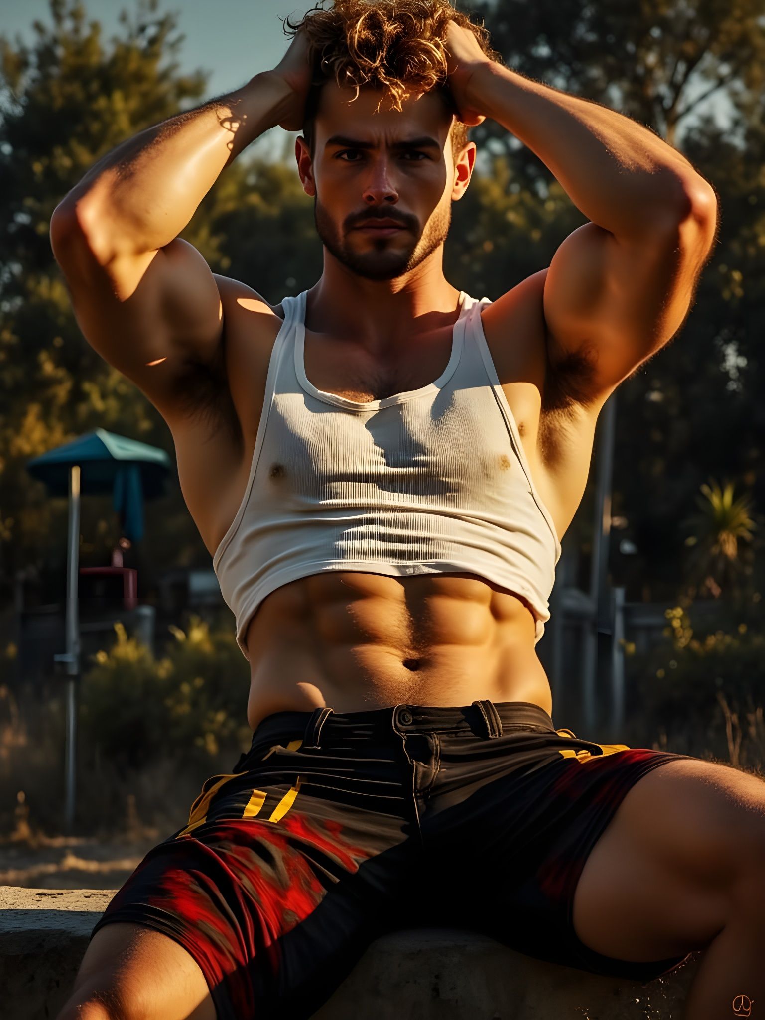 Muscular Man in Red Tank Top Close-Up