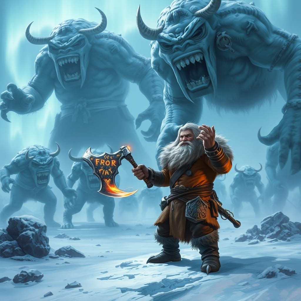 Arctic Dwarf Wields Mystical Battle Axe Against Ice Trolls i...