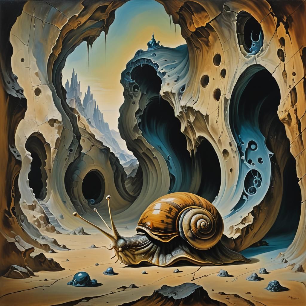 Snail Retreats into Shell with Pain in Surrealist Art