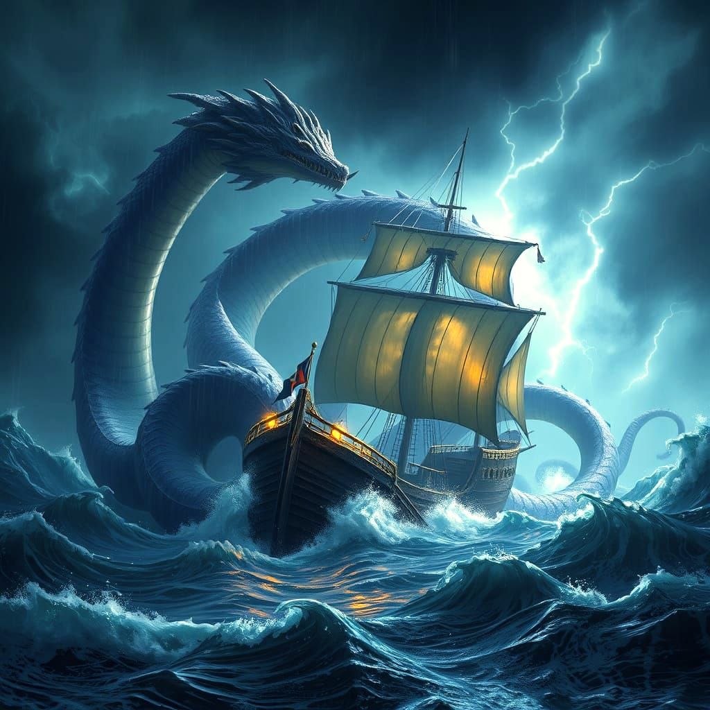 Sea Serpent Coils Ship in Dark Fantasy Style