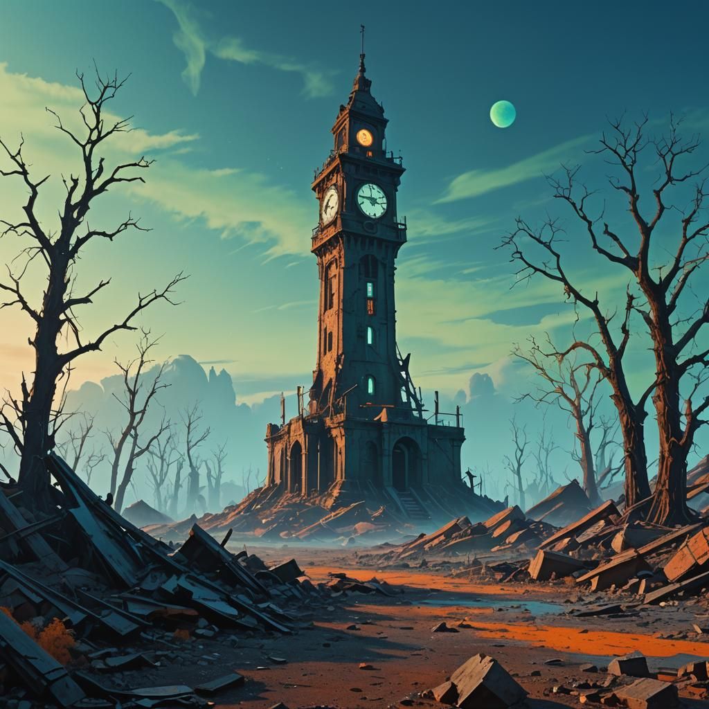 Dystopian Planet Earth with Ruined Clock Tower