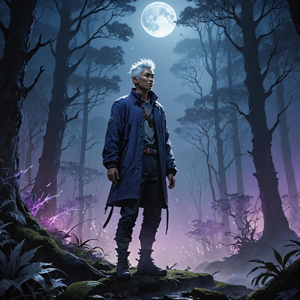 Ethereal Asian Warrior in Moonlit Forest