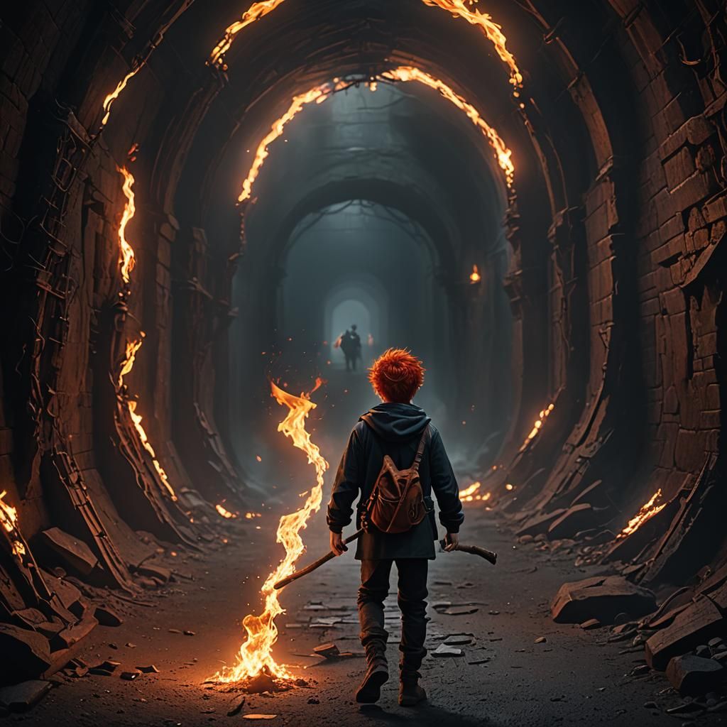 A Red-Haired Boy Illuminates a Dark Tunnel with a Flickering...