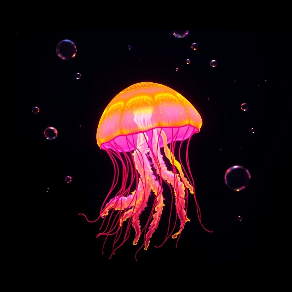 Neon Jellyfish Bioluminescence in Deep Ocean