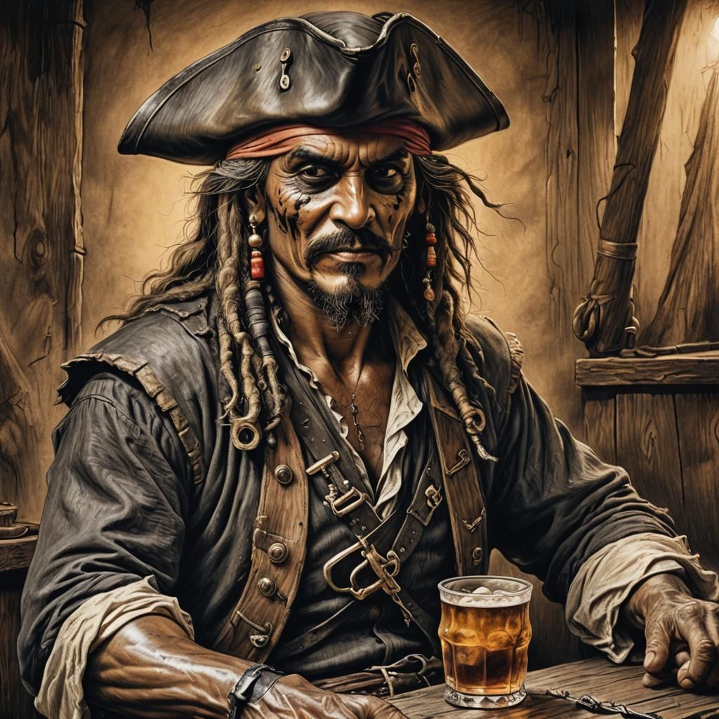 Pirate Seated on a Chest with Rum, in a Charcoal Drawing Mas...