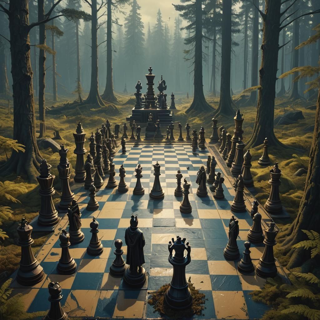 Humans as Chess Pieces in a Fantastical Forest