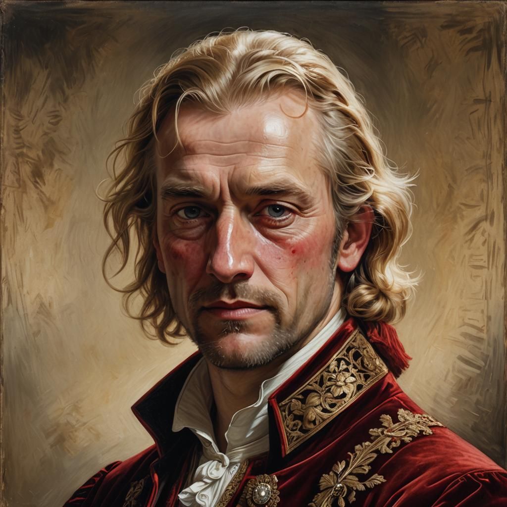 Stoic Nobleman in Red, Set Against Soft Rembrandt Light