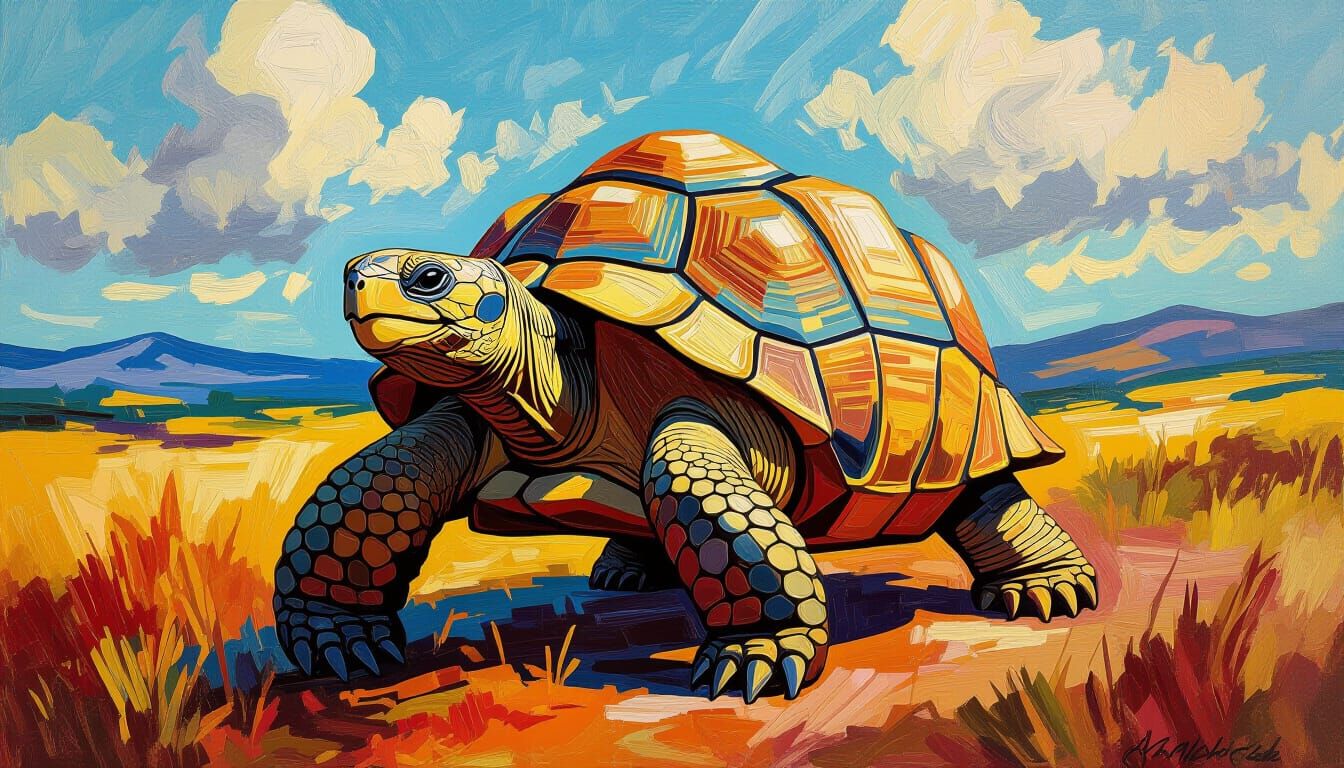 Galapagos Tortoise in Expressionist Impasto Oil Painting