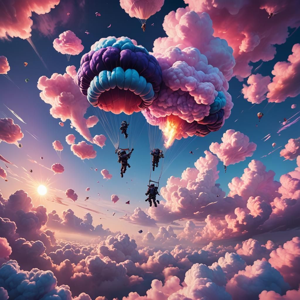 Skydiver descending through cotton candy clouds.a surreal dr...