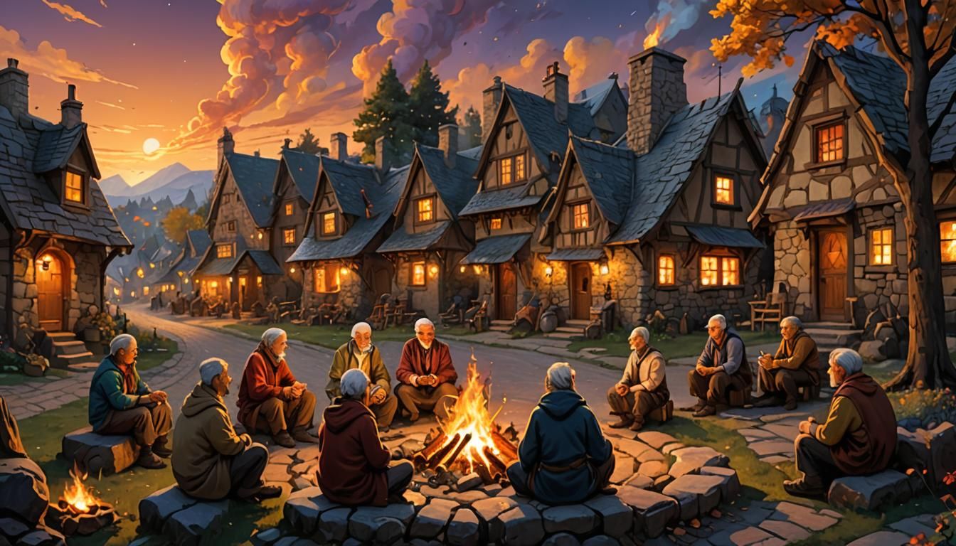 Whimsical Village Nightlife in Golden Light