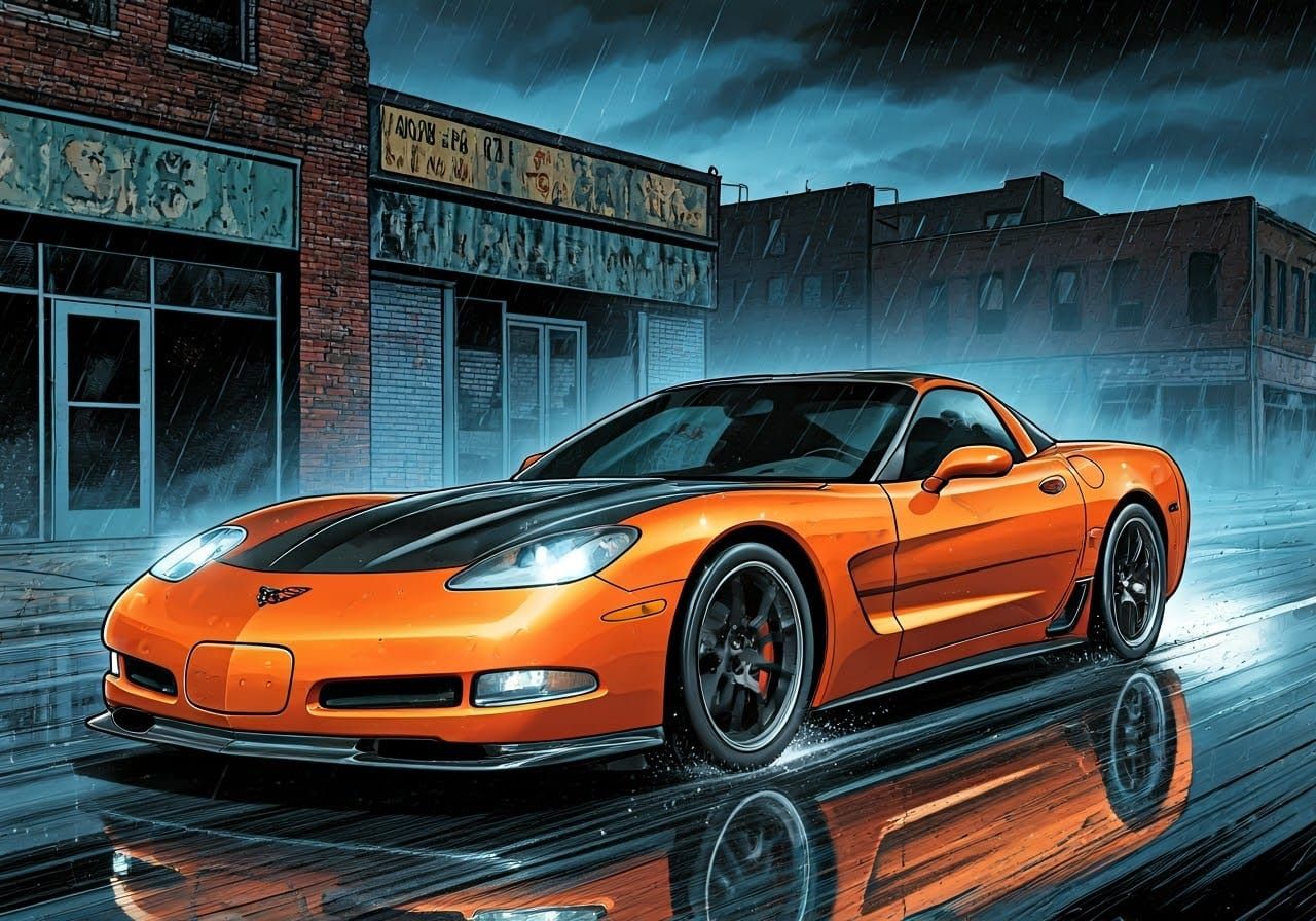 Vibrant Orange Corvette Z06 Speeds Through Gritty Detroit St...