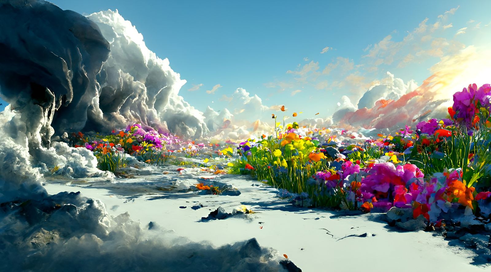 Vibrant Stormscape with Flower-Petal Fury