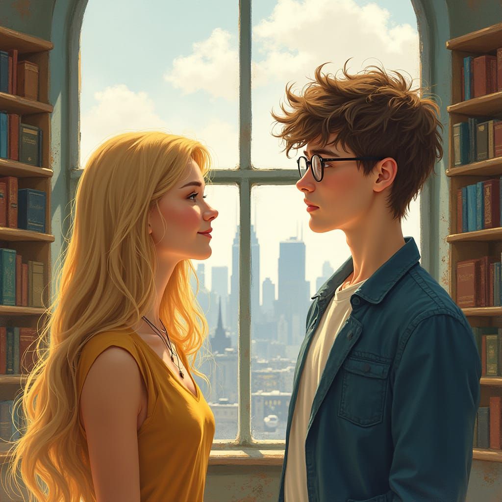 College Couple Portrait in Watercolor Style