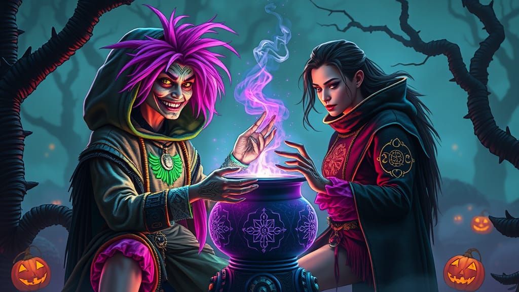 Two Futuristic Witches Enchant a Surreal Halloween Forest
