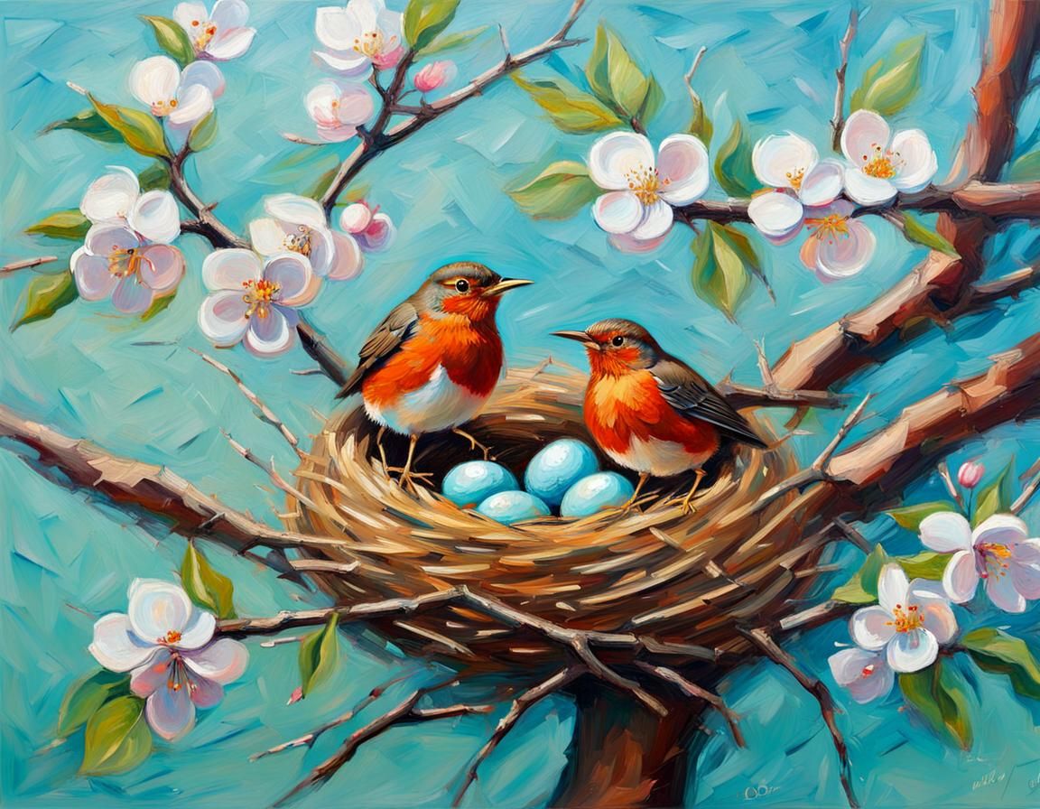 Robin Nest with Blossoms in Impasto Oil Painting