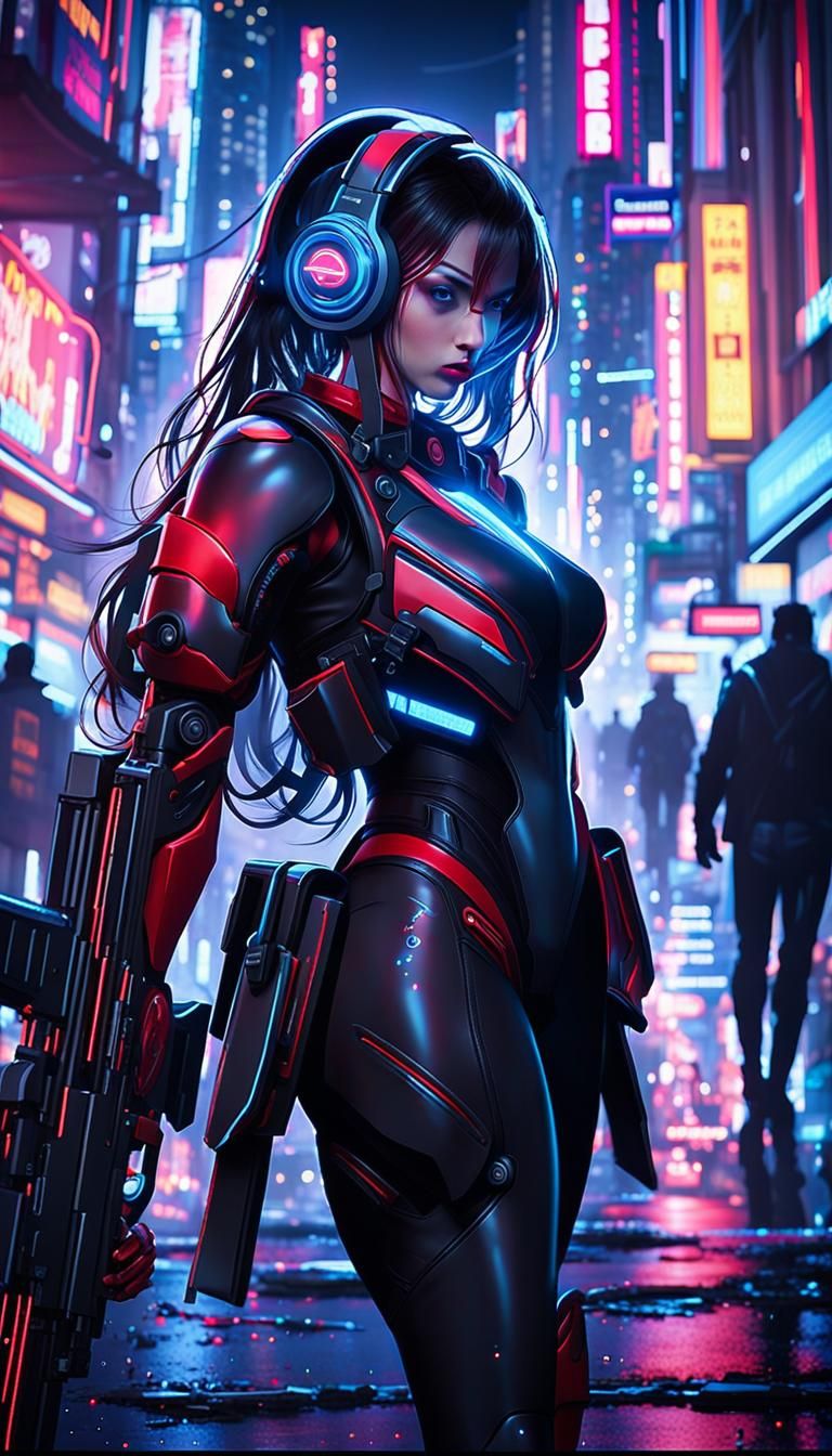 Stunning Anime Woman Wears Red Power Armour on Cyberpunk Str...