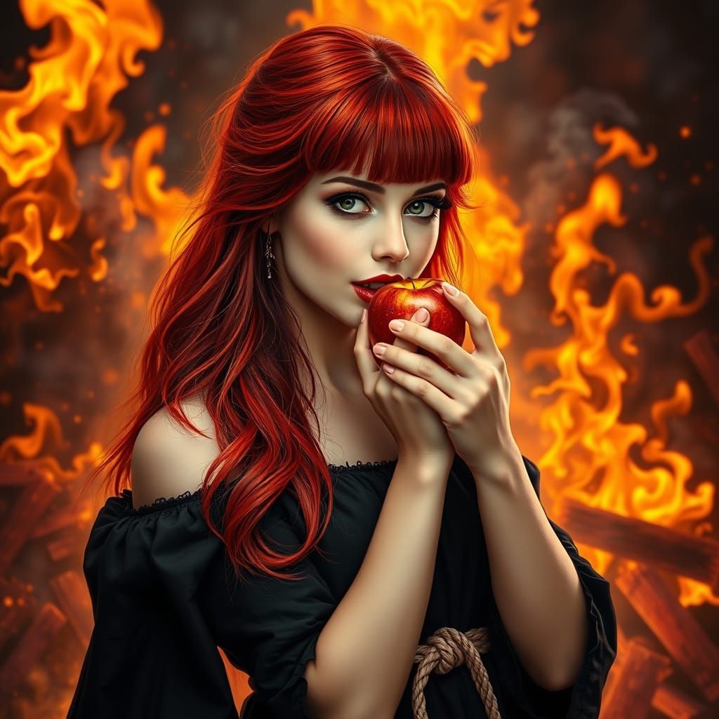 Red-Haired Woman Eating Apple in Fantasy Realism