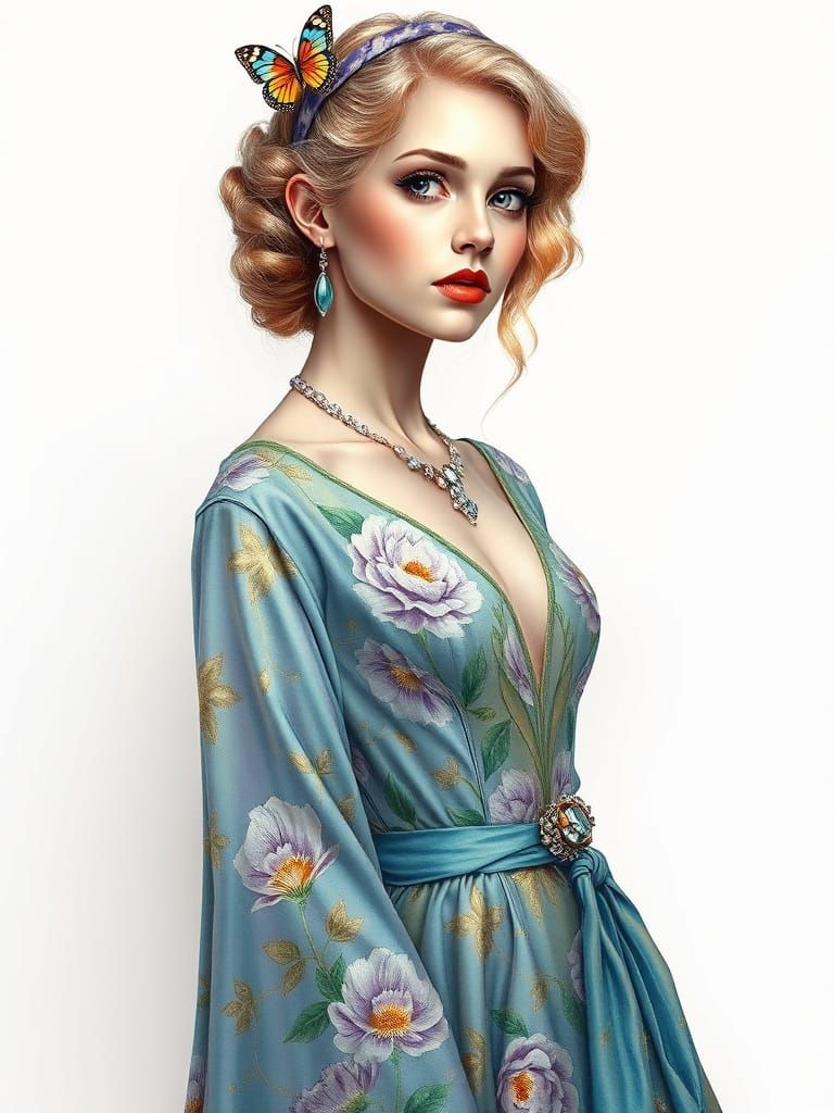 Full body, enchanting hyper realistic acrylic-watercolor-oil mix painting inked with delicate precision, fine art painti...