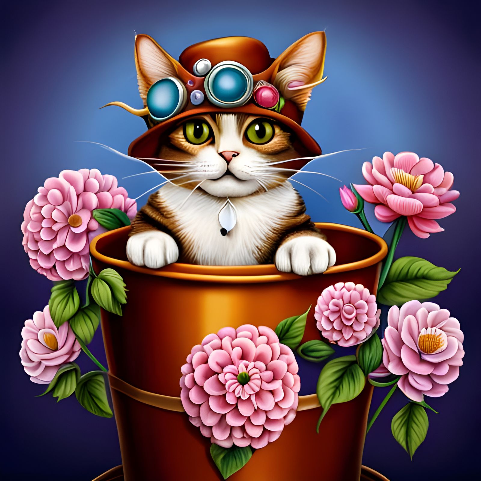 Steampunk Cat in Bucket of Flowers, Hyperrealistic Art