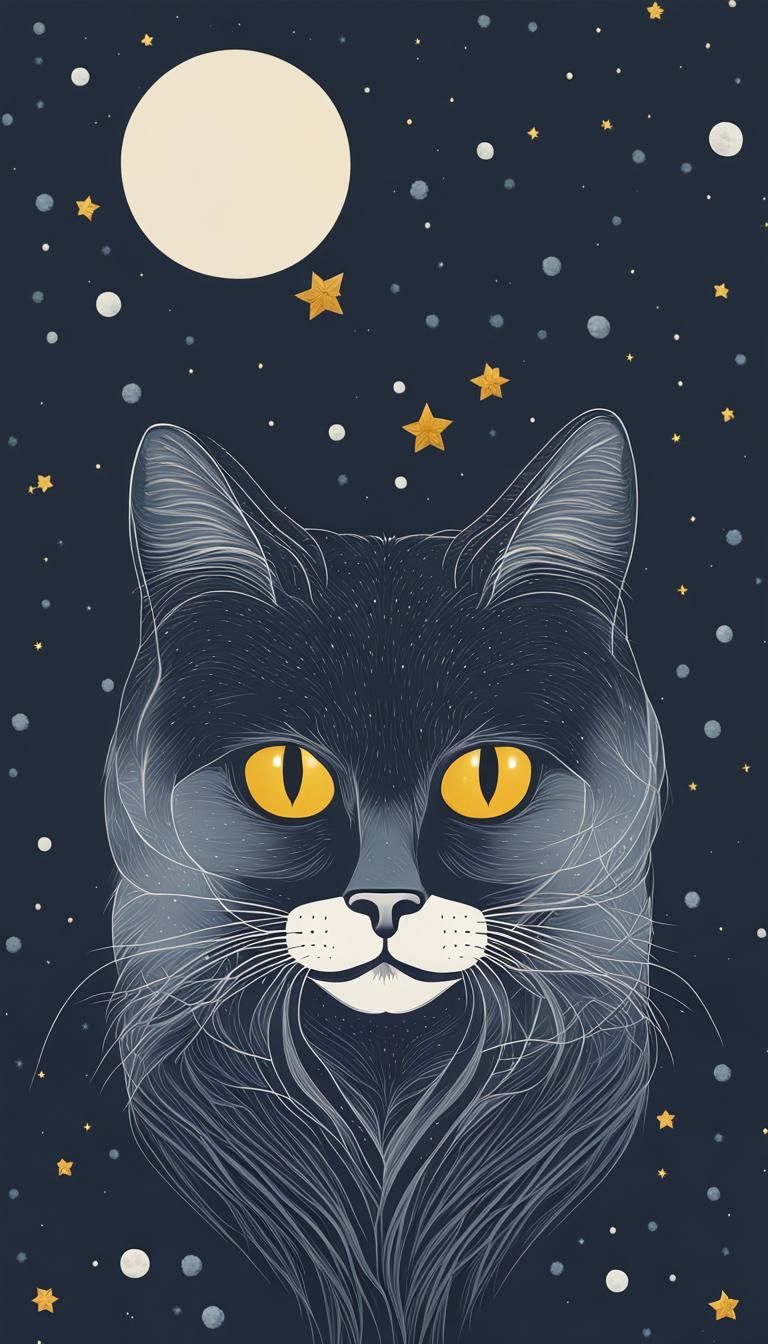 Chinese Ink Painting of Cat Under Minimalist Snowy Moonlight