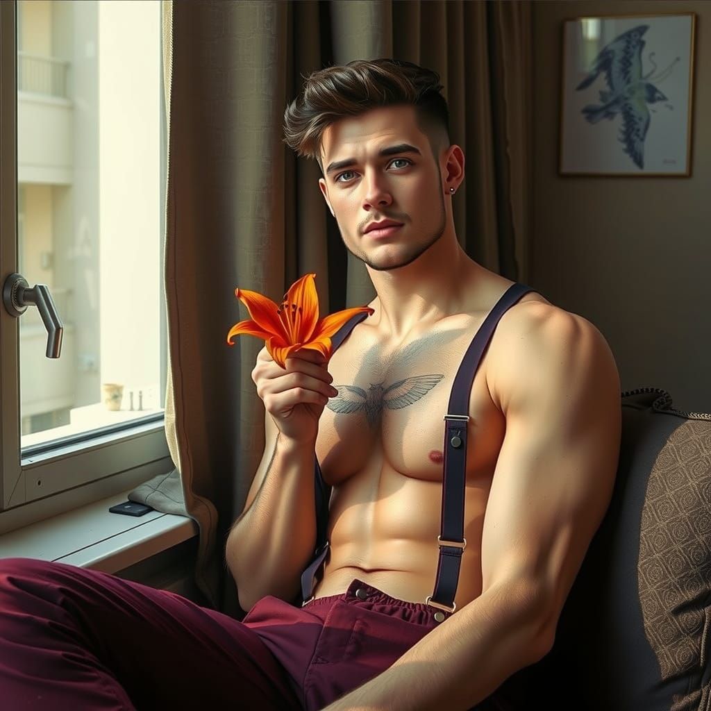 Confident Man with Lily Flower in Apartment, Realistic Style