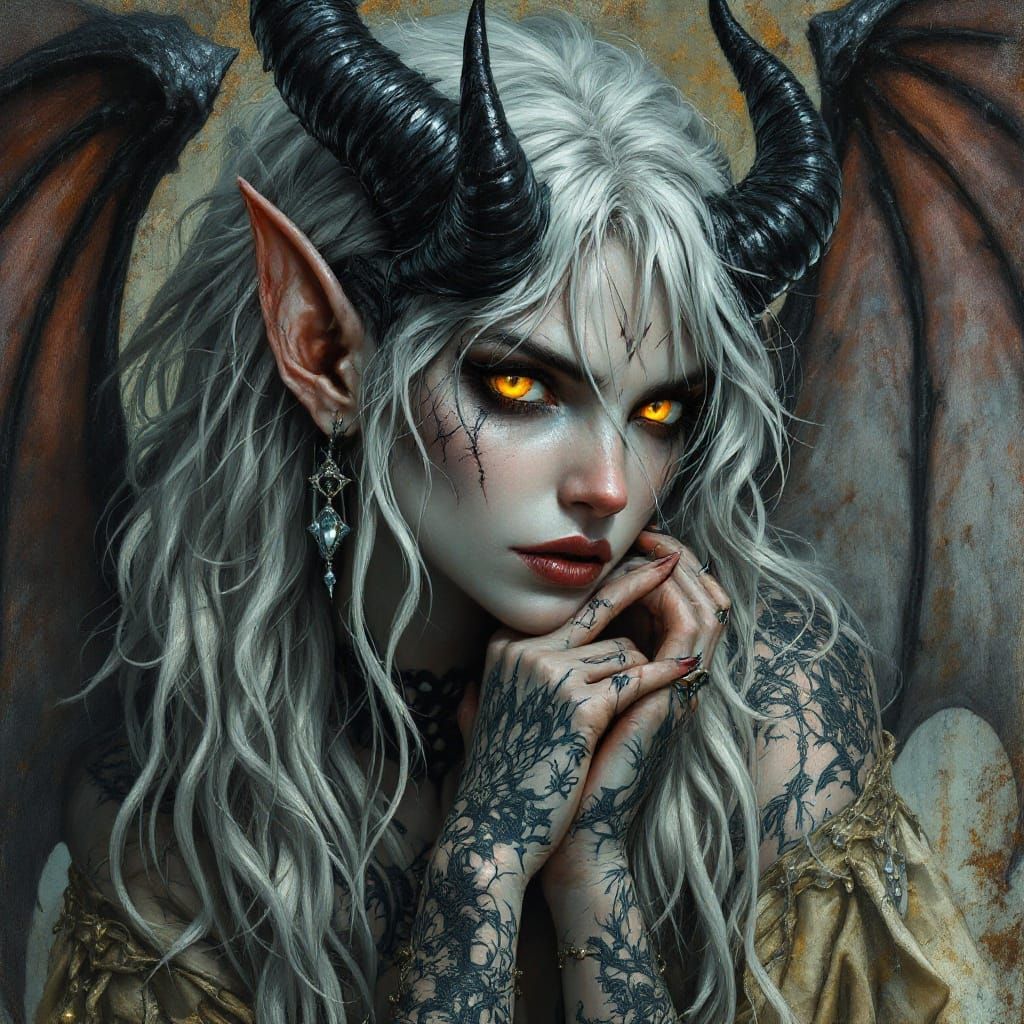 Ethereal Cambion Witch with Elf Ears and Bat Wings