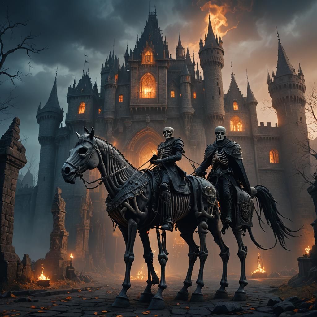 Skeletal Guard stands Vigilant before a Dark, Ancient Castle...