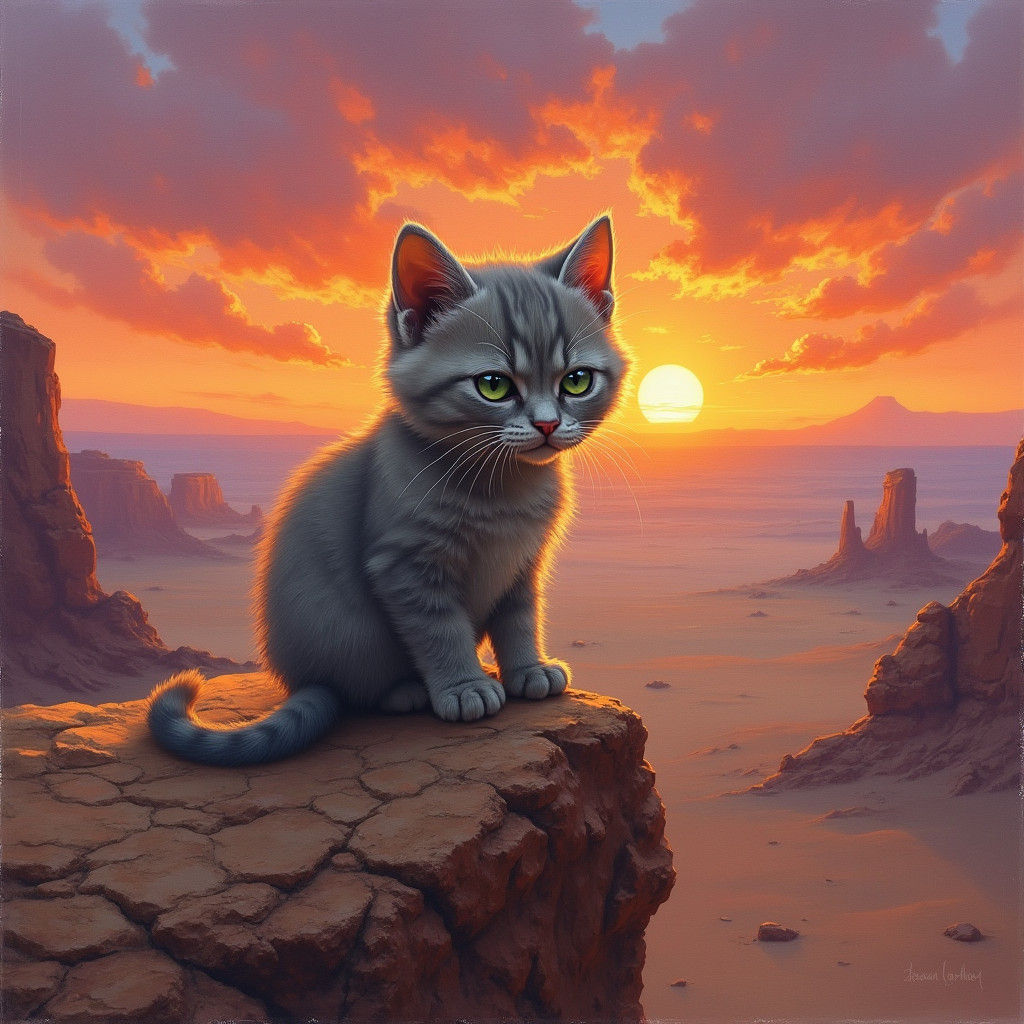 Whimsical Desert Sunset Scene in Oil Painting Style