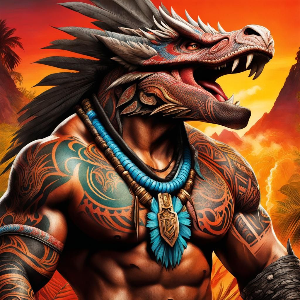 Dwayne Johnson as a Polynesian Monster Hunter, wearing a dragon headdress/mask from the monster he slain