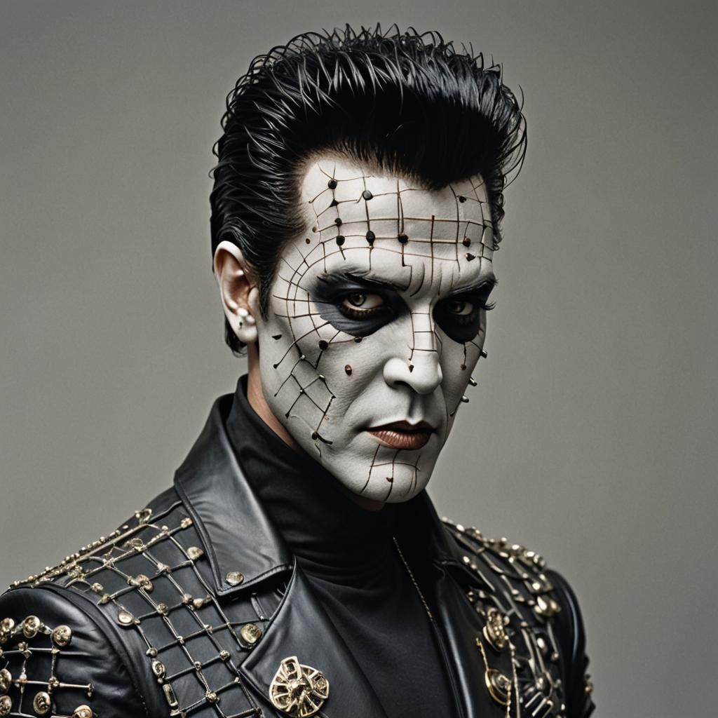 A hyperrealistic Pinhead from the Hellraiser Movie as a youn...