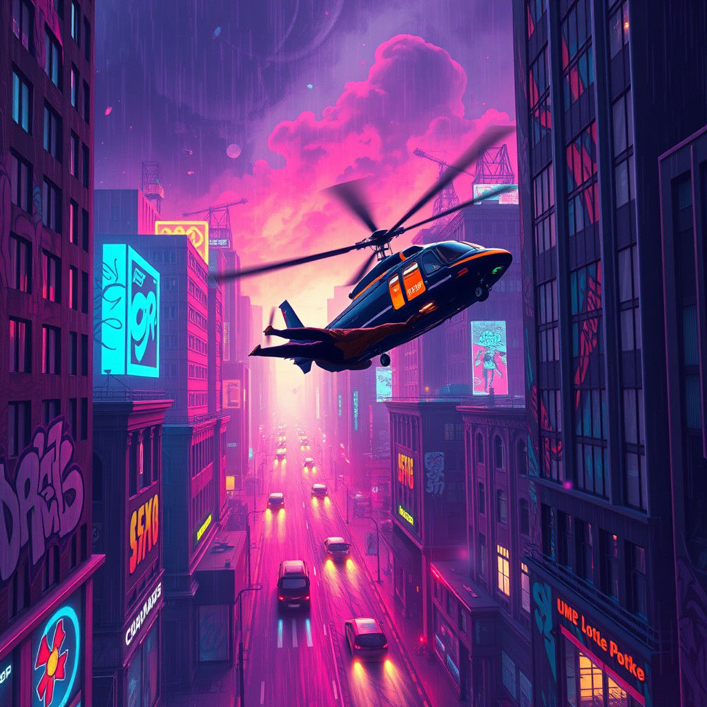 Cyberpunk Skydiver Leaps into Neon-Lit Cityscape