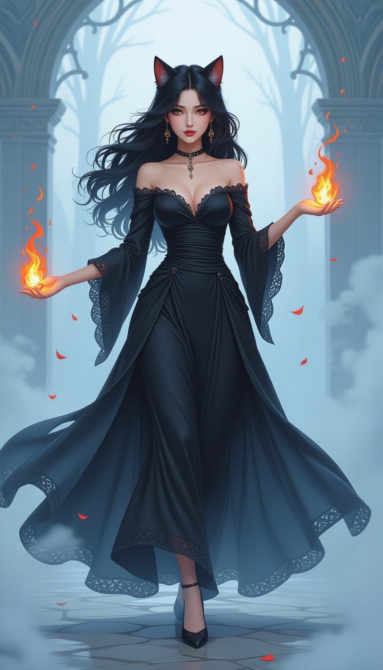 Cat Girl Witch Dance in Misty Fairy Tale Scene