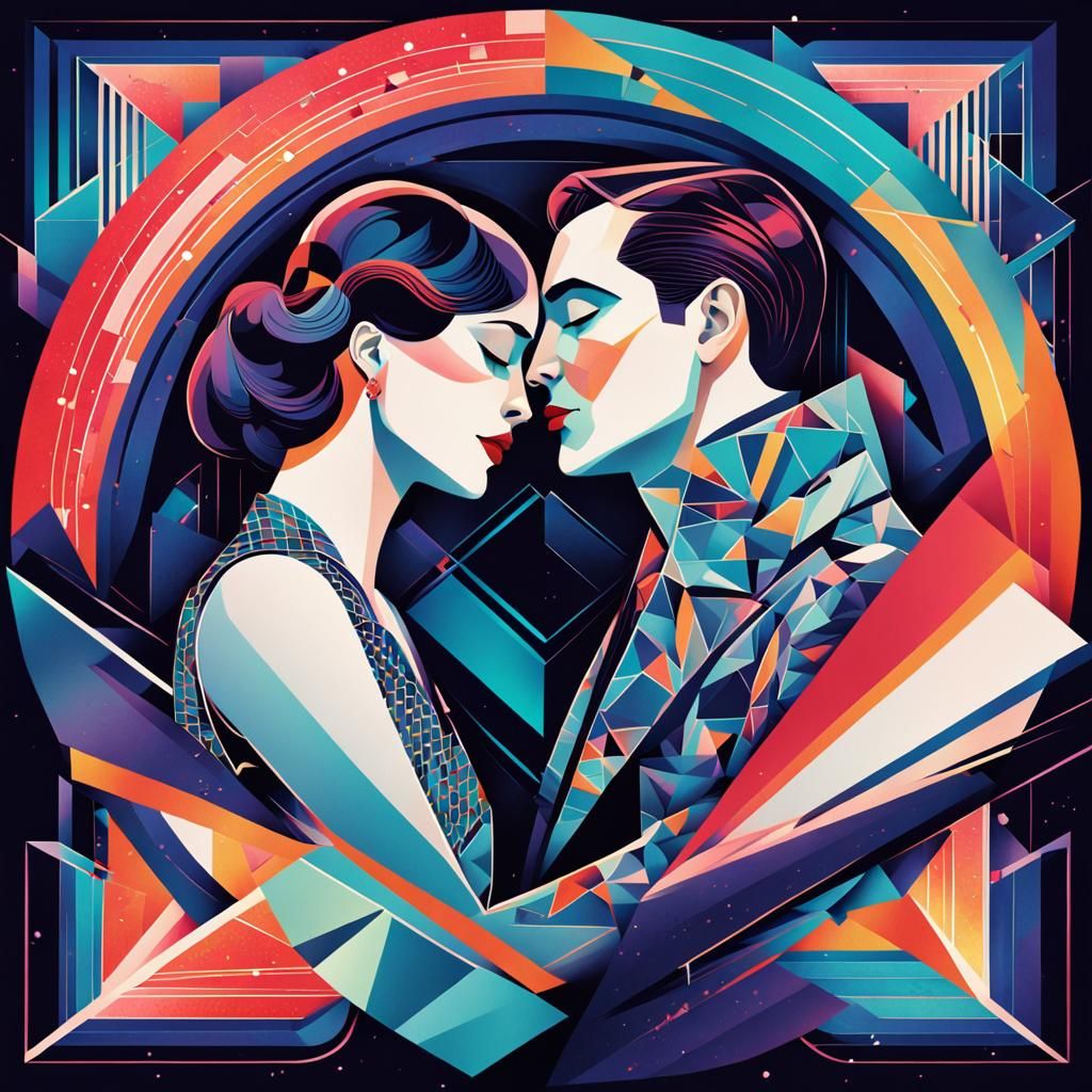 Passionate Couple Embracing in Art Deco Style