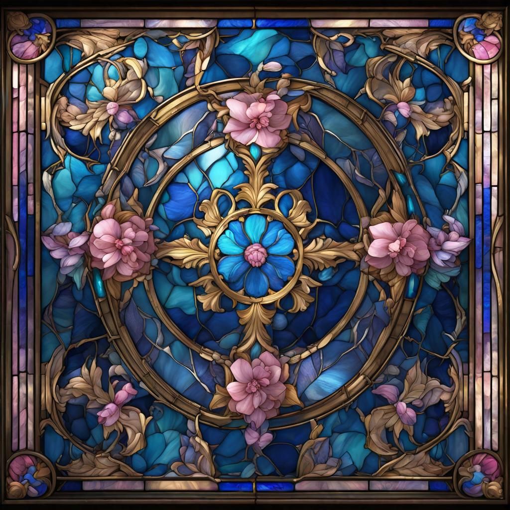 Vibrant Stained-Glass Fantasy Scene with Gold Accents