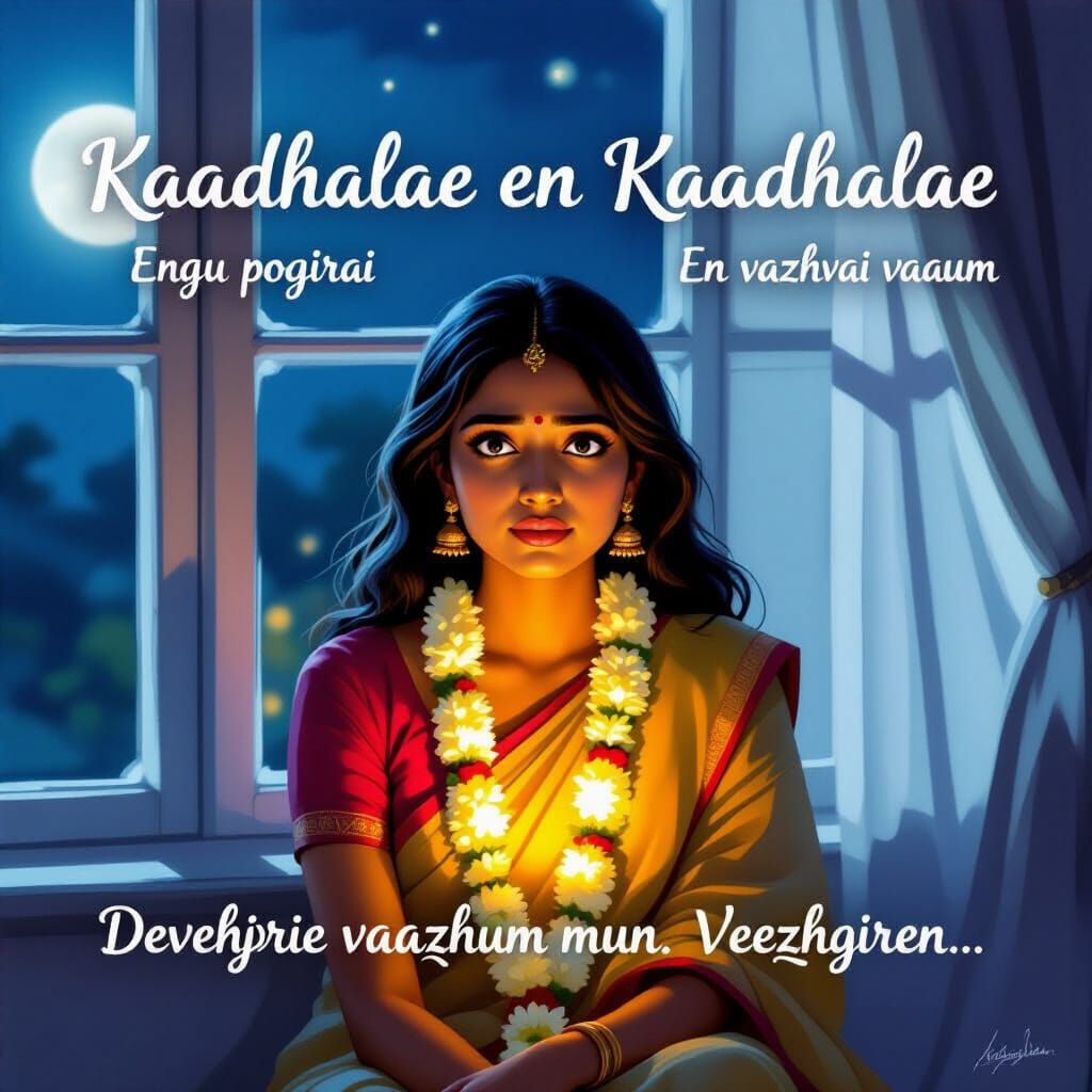 Poetic Digital Painting of Woman Sleepless by Window