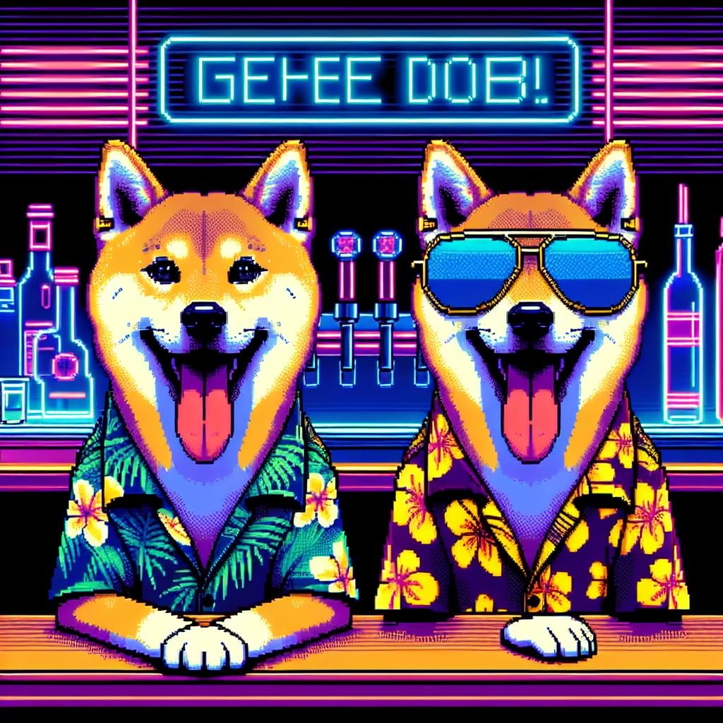 Cyberpunk Shiba Inu Bartender in Pixel Art