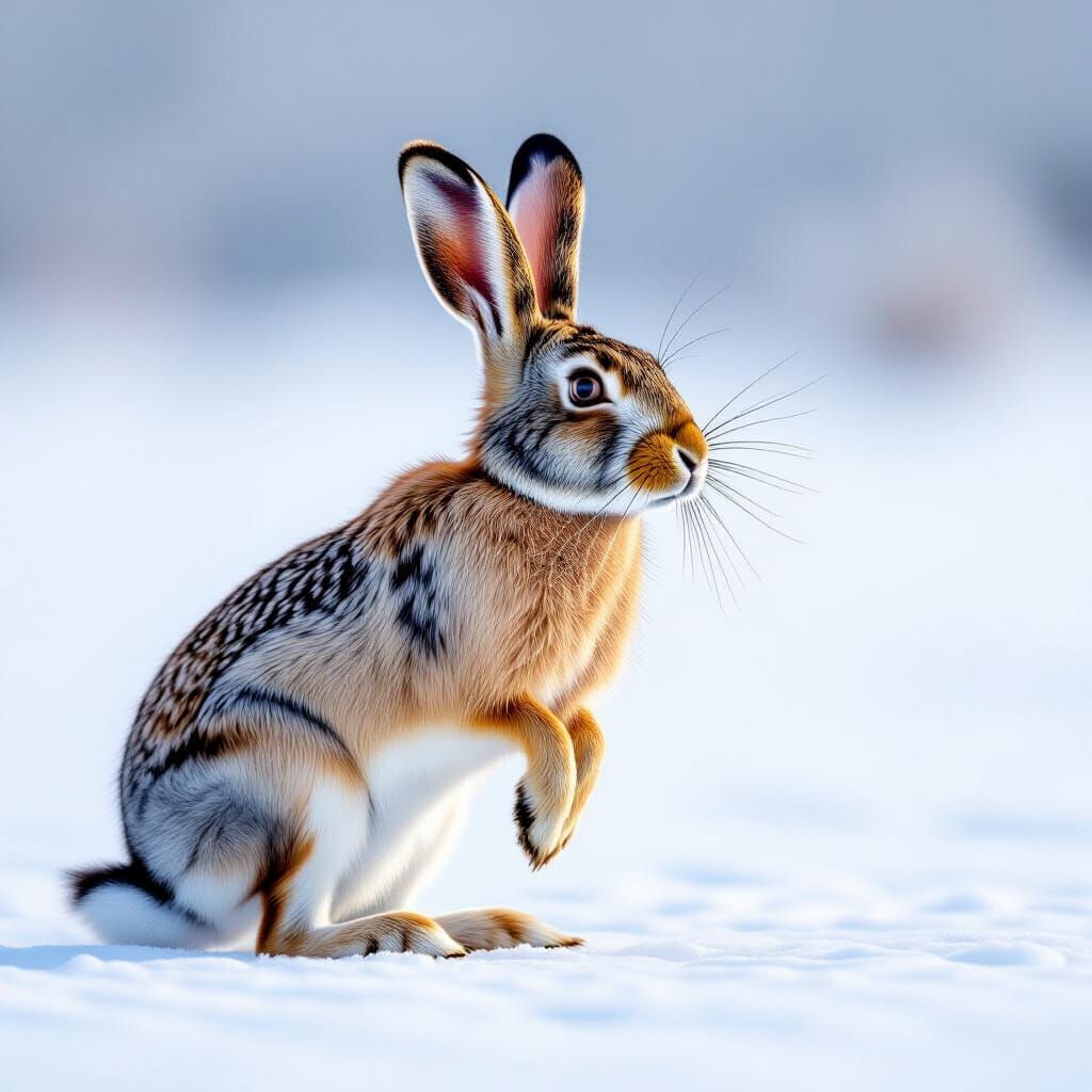 European Hare Sniffing Air in Snowy Landscape