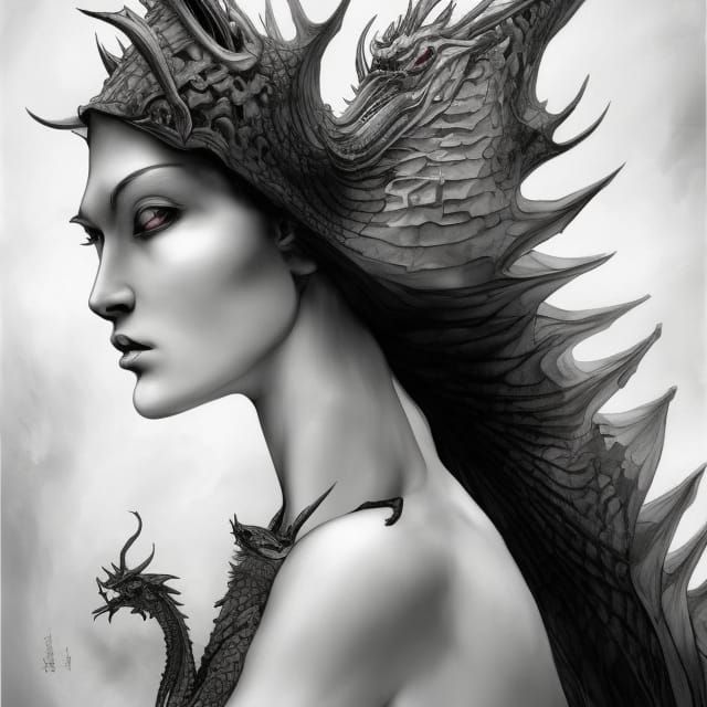 Surreal Dragon Goddess in Monochromatic Splendor