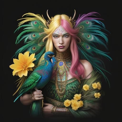 Vibrant Portrait of a Multicolored Woman with Dragon Peacock...