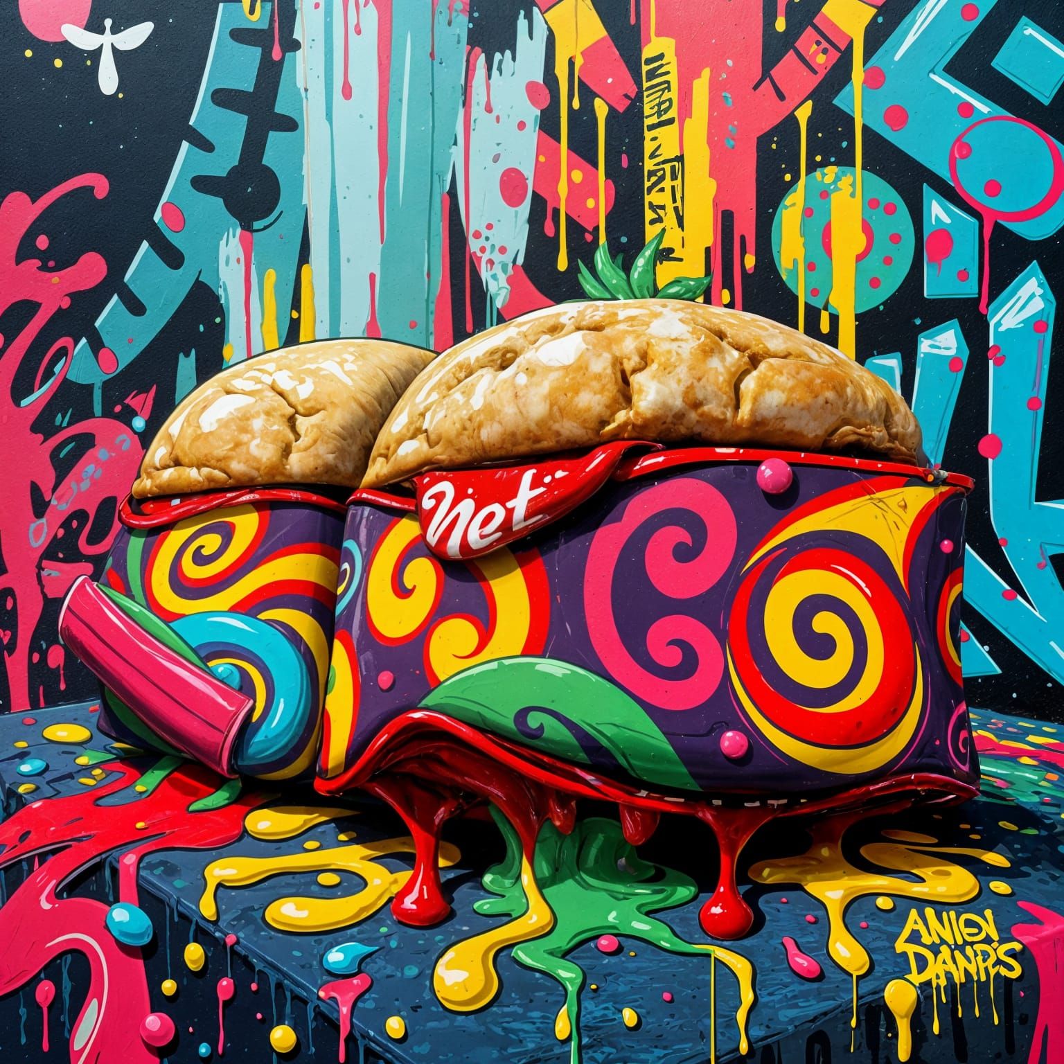 Vibrant Street Art of Melting Hot Pockets in Graffiti Style