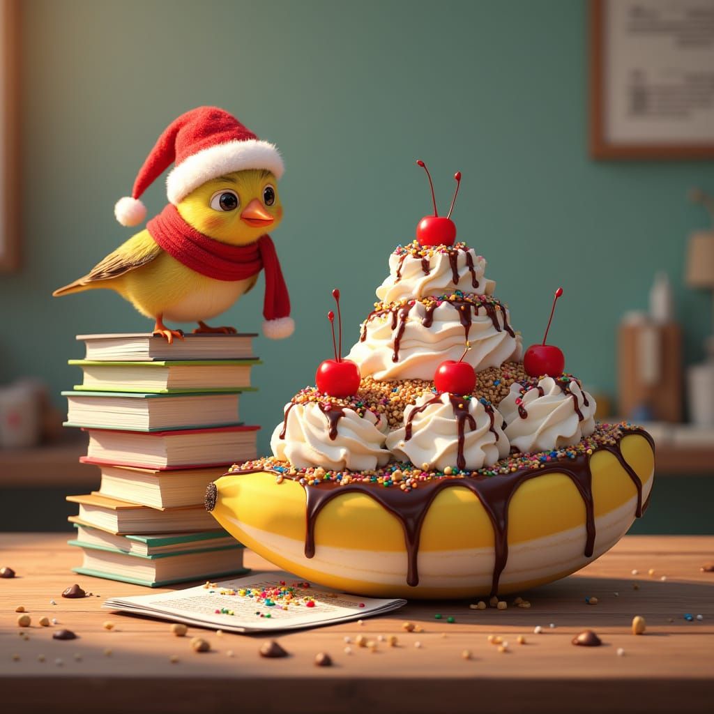 Festive Kiwi Bird and Hyperrealistic Ice Cream, Anime Art