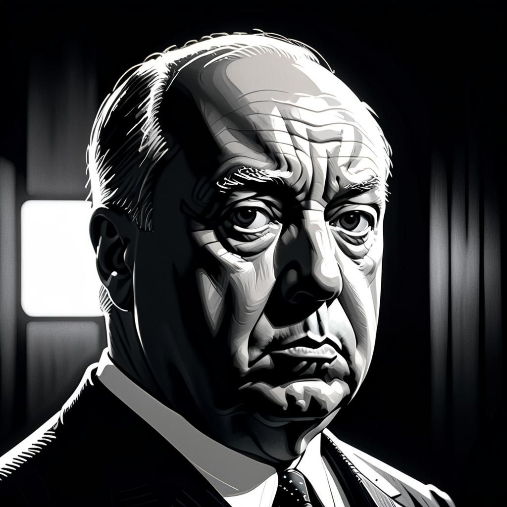 Serene Film Noir Portrait of Alfred Hitchcock