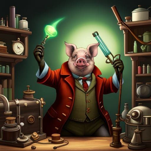 Steampunk Pig Scientist in Mad Laboratory