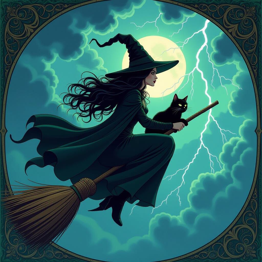 Witch on Broomstick in Storm, Dark Fantastical Art Nouveau S...