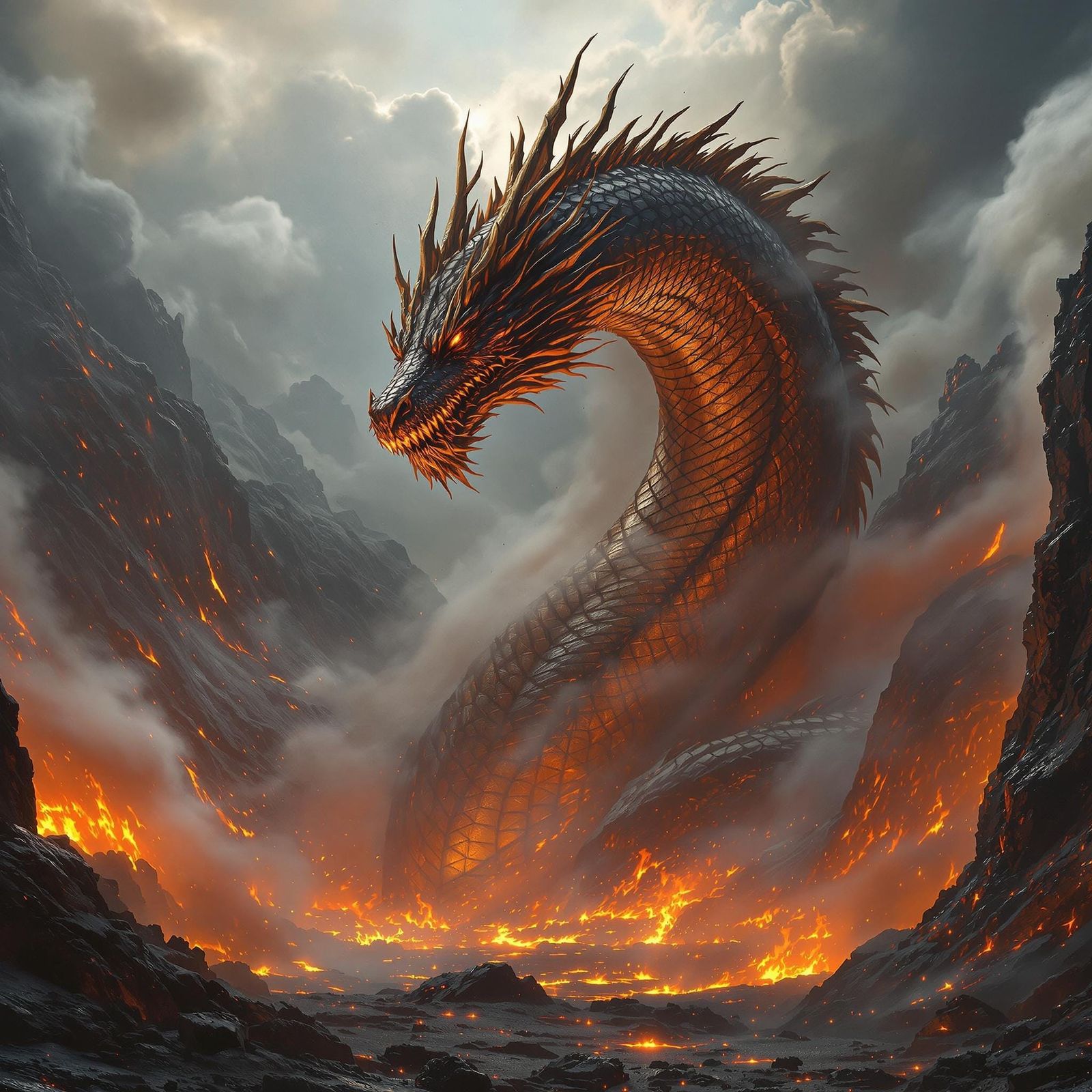 Majestic Ancient Dragon Rises from Volcanic Depths in Golden...