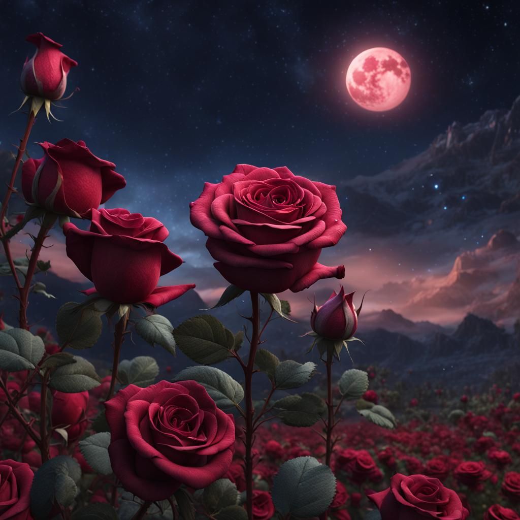 Surreal Rose Blooms in Fantasy Field Under Vibrant Night Sky