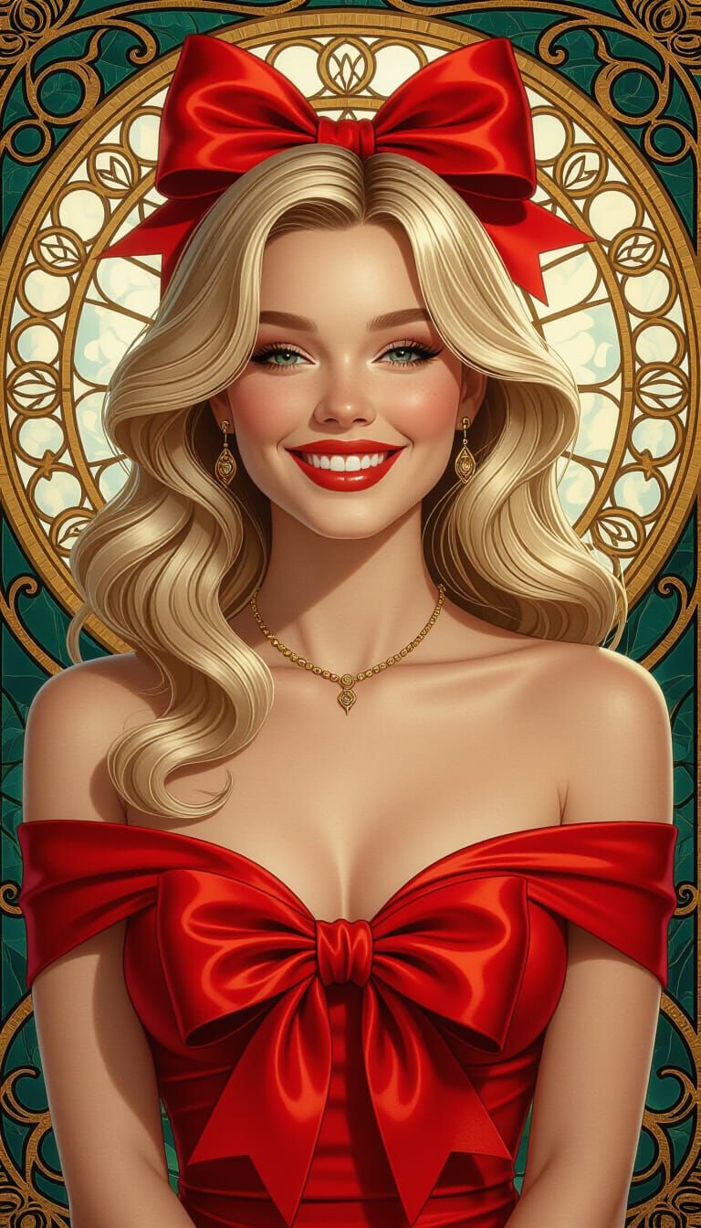 Woman Wrapped in Red Bow: Digital Art Portrait