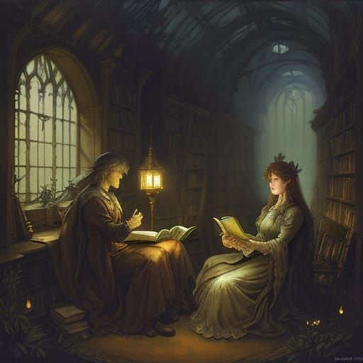 Fairies Reading Books in a Mystical Library Forest